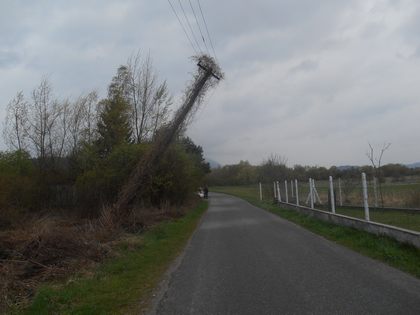 nahnutý drevený stĺp elektrického vedenia